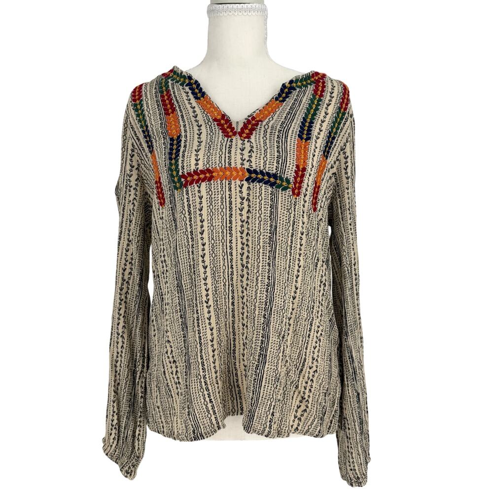 Savannah Jane‎ Womens Large Boho Embroidered Striped V-Neck Blouse Top